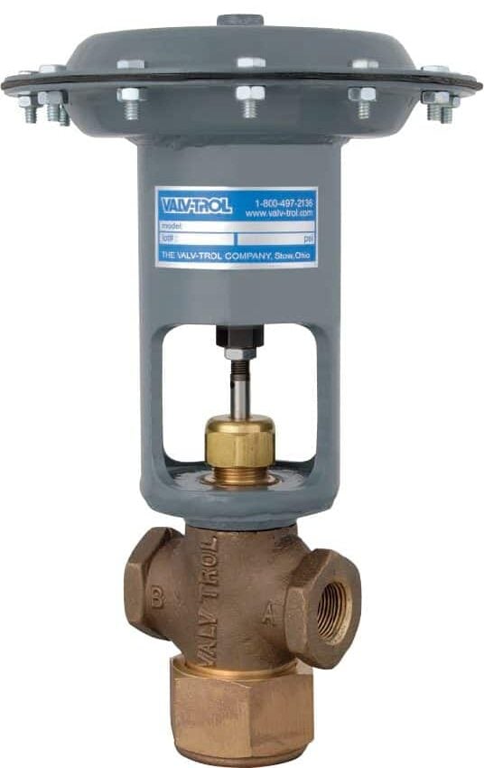 A mechanical valve with a labeled diaphragm section. Blue arrow points to the top with text above: "35 PSI (2.4 Bar) air recommended on diaphragm." The brand "Valv-Trol" is visible on the valve.