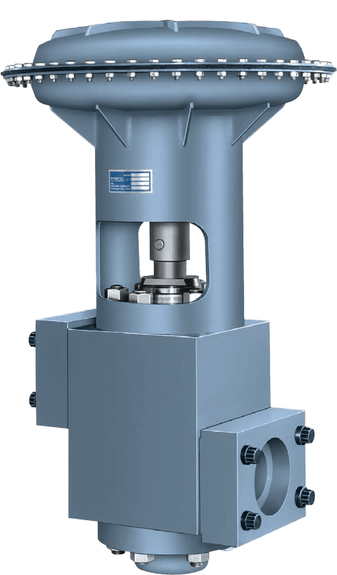 A blue industrial diaphragm actuator with an arrow pointing to the top section and text above recommending 35 PSI (2.4 Bar) air pressure for the diaphragm.