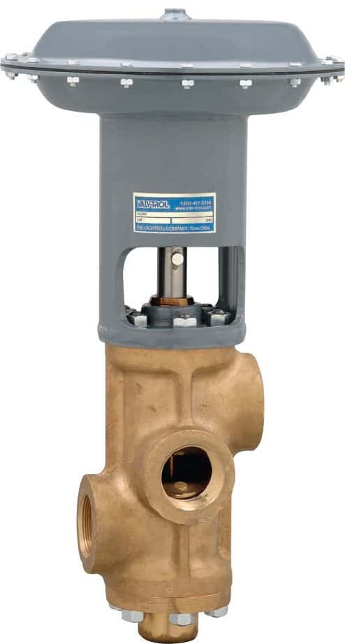 A valve actuator with a labeled diaphragm cap on top, and an arrow pointing to it; text above reads "35 PSI (2.4 Bar) air recommended on diaphragm.
