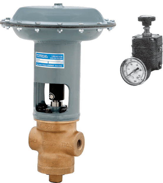 A pneumatic valve actuator with a labeled diaphragm is shown. An arrow points to the diaphragm with text stating, “35 PSI (2.4 Bar) air recommended on diaphragm.” A pressure regulator with gauge is shown on the right.