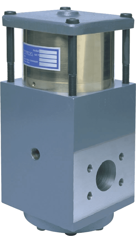 A metallic diaphragm actuator with a label, bolts, and air inlet ports. An arrow points to the top with text that reads: "35 PSI (2.4 Bar) air recommended on diaphragm.