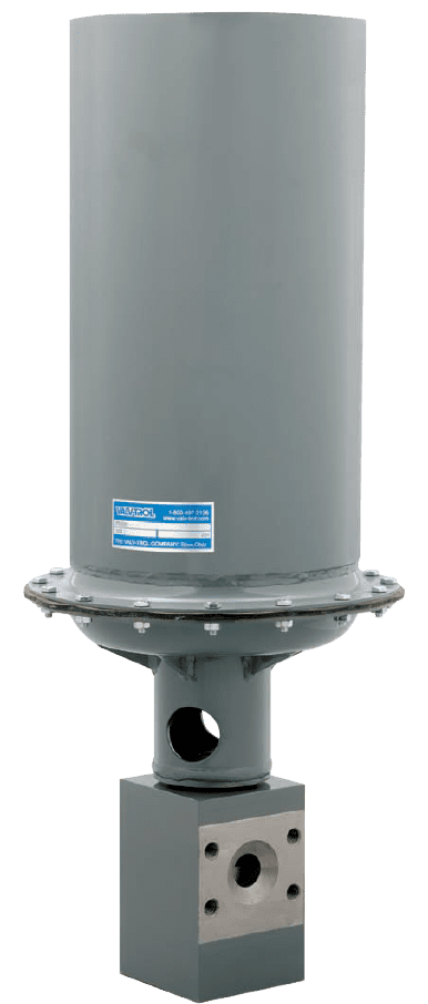 A gray industrial valve labeled Model C-0274 is shown with an optional cylindrical “top hat” air chamber attached on top, indicated by a blue downward arrow.