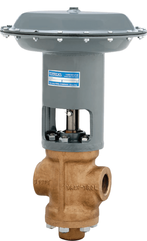 A metal valve actuator with a labeled diaphragm at the top and an arrow pointing to it. Text above reads: "35 PSI (2.4 Bar) air recommended on diaphragm.