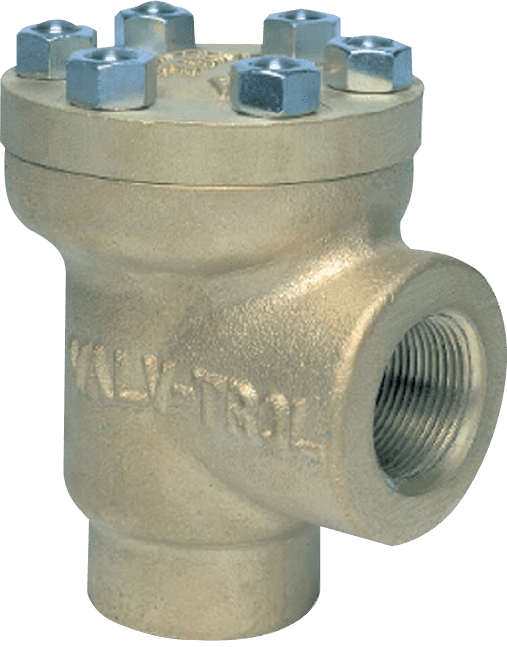 A brass valve with six bolts on the top. “KLV-TROL” is engraved on the side. An arrow points downward below the valve with the text “FREE FLOW.”.