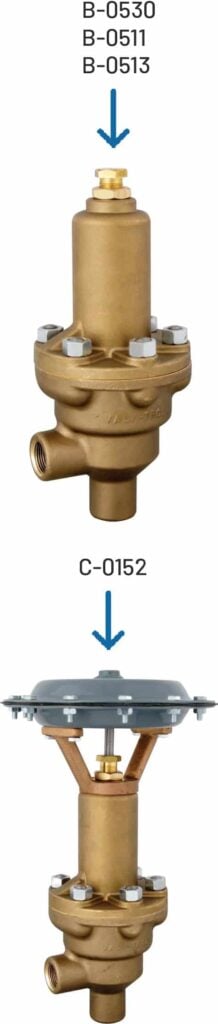 Two views of a brass valve: the top shows the exterior with three part numbers labeled, while the bottom shows a cross-sectional view with a different part number, revealing internal components. Blue arrows indicate the labeled parts.