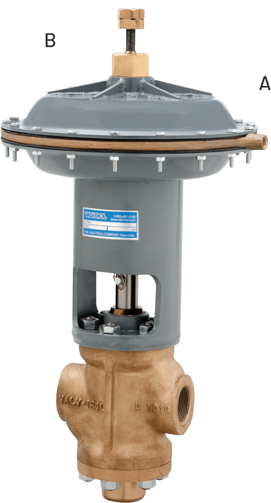 An industrial valve with a labeled diaphragm is shown. A blue arrow points to the top, with text above reading, “35 PSI (2.4 Bar) air recommended on diaphragm.” The valve parts are labeled A and B.