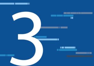 A large white number 3 is displayed on a blue background, with several horizontal bars of various lengths and shades of blue and gray scattered around it.