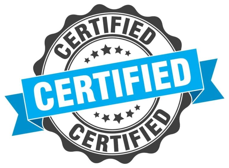 Black and blue circular badge with the word "CERTIFIED" in bold white letters across a blue banner. The word "CERTIFIED" also appears at the top and bottom of the black outer ring with stars in the center.