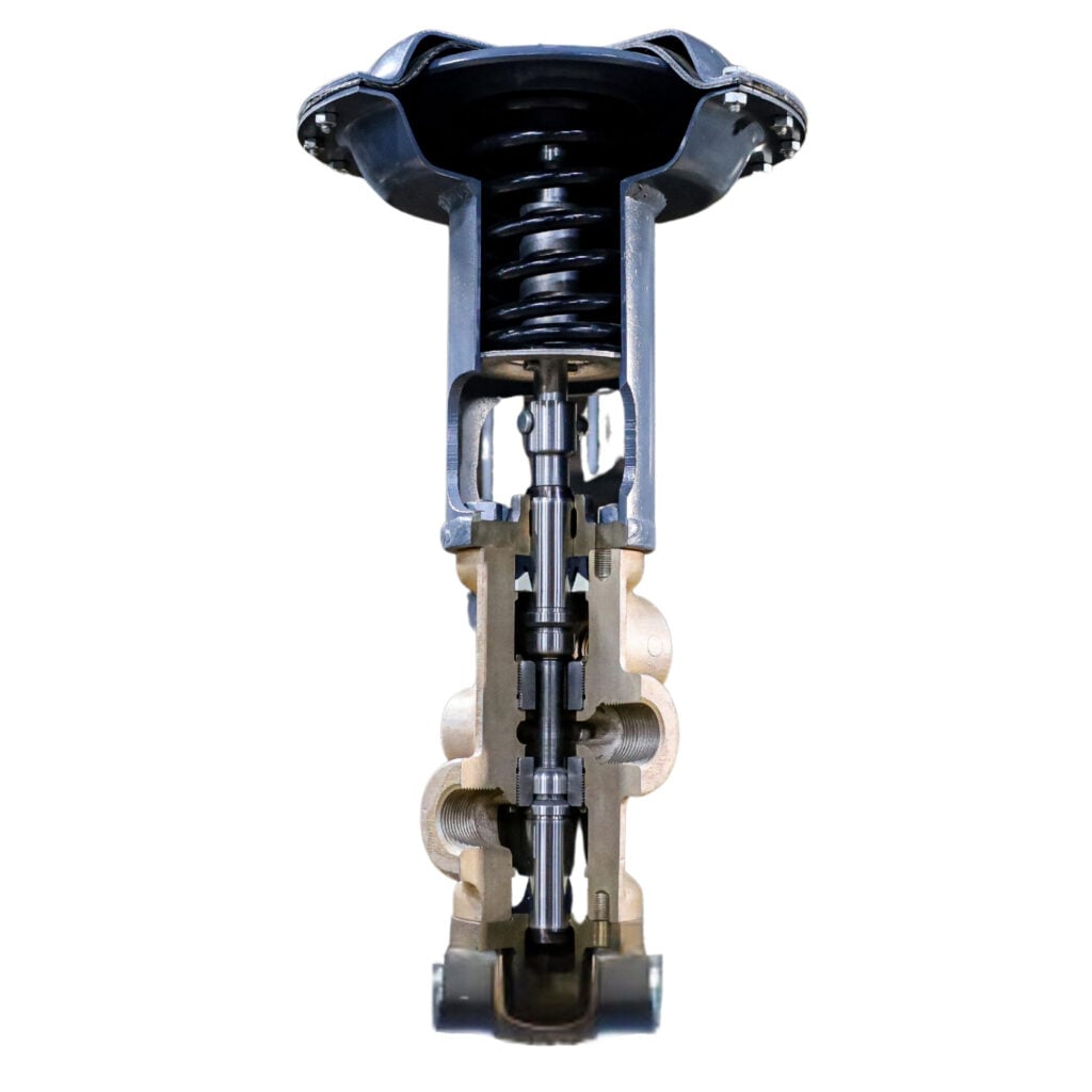 A cross-section of a heavy-duty valve assembly, showing internal components such as a spring, shafts, and seals, with a metallic and black finish, isolated on a white background.