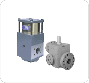 Two industrial valve components are shown against a plain white background. Both are metallic, with one being rectangular and the other shaped like a block with multiple flanged openings.